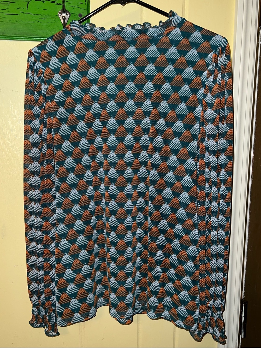 Geometric Teal Retro Blouse 70’s Ruffle Puff Balloon Sleeve Orange Boho Size L - Picture 3 of 12